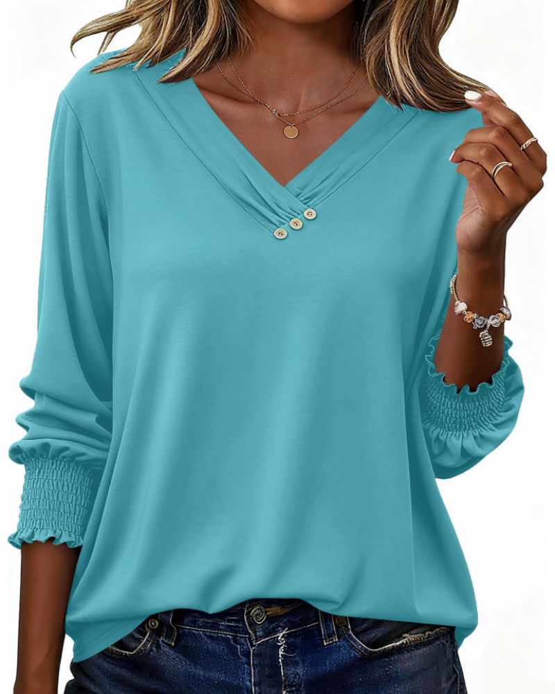 Daphne Women's Blouse – Tunic with V-Neck, 3/4 Sleeves, and Decorative Buttons