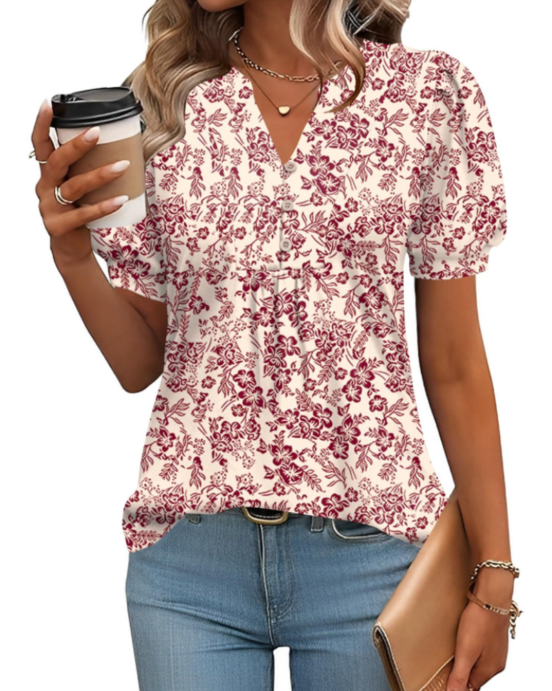 Sophie Women's Blouse – Floral Tunic with V-Neck, Puff Sleeves, and Buttons