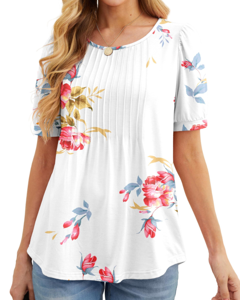 Lydia Women's Blouse – Floral Tunic with Crew Neck, Short Sleeves, and Front Pleats