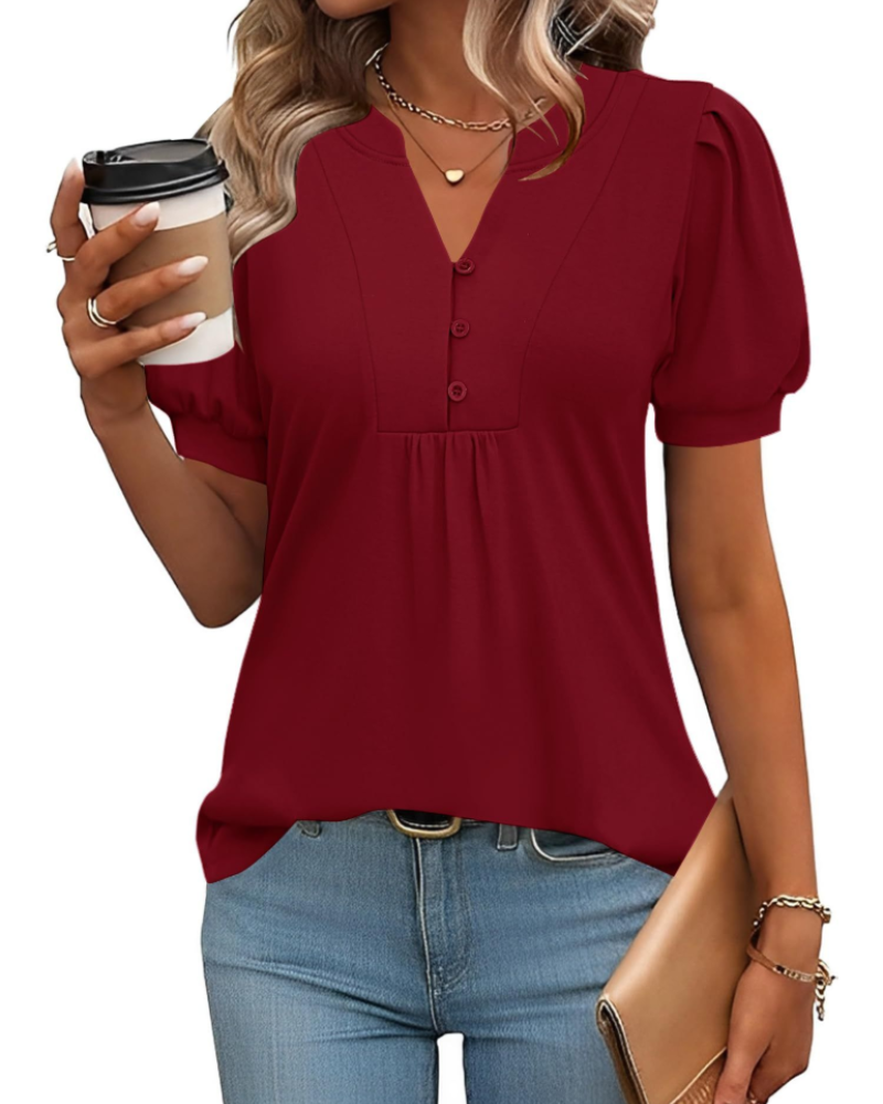 Brielle Women's Blouse – Floral Tunic with V-Neck, Puff Sleeves, and Buttons