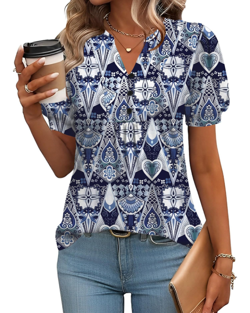 Sophie Women's Blouse – Floral Tunic with V-Neck, Puff Sleeves, and Buttons