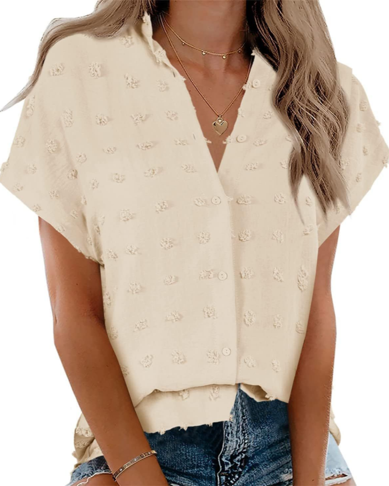 Lauren Women's Shirt – Polka Dot Blouse with V-Neck, Buttons, and Short Sleeves