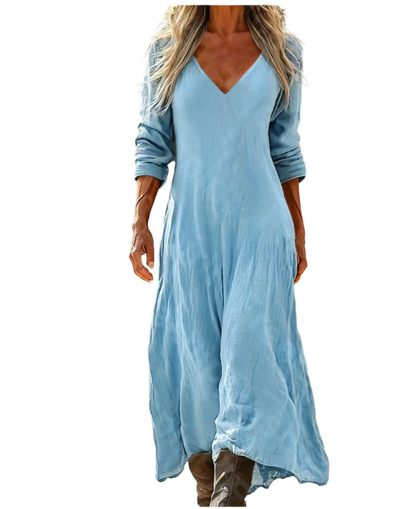 Eleanor Abito maxi damska boho – dekolt w serek, rękawy 3/4 i kieszenie