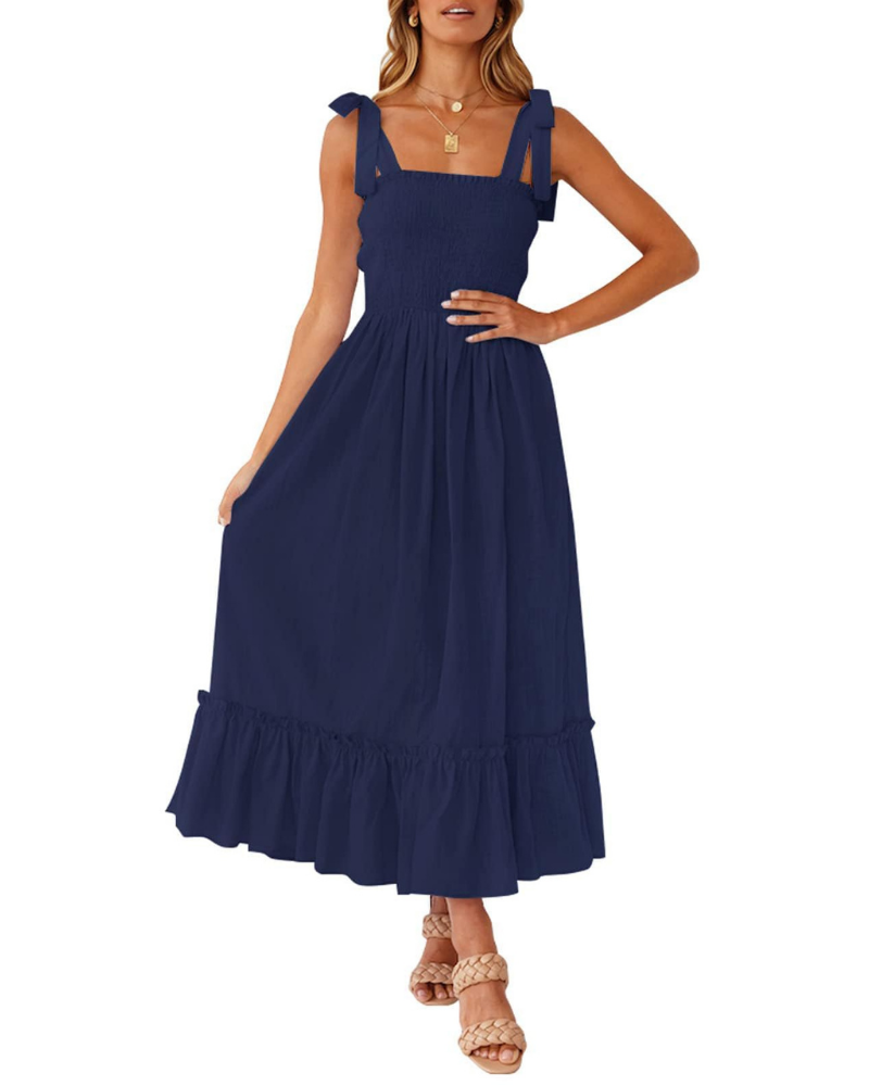 Amelia Women's Dress – Boho Floral Dress with Tied Straps, Smocked Bust & Tiered Skirt