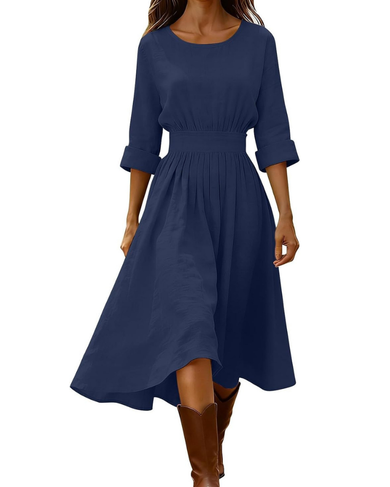 Emily Women's Long Dress – Cotton and Linen, V-Neck, Short Sleeves, and Vintage Buttons