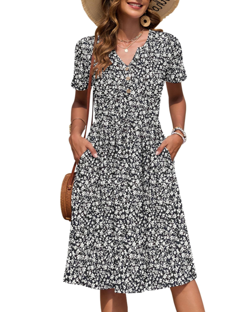 Robe midi Megan Abito Donna – Robe d'été avec décolleté en V, taille empire et poches