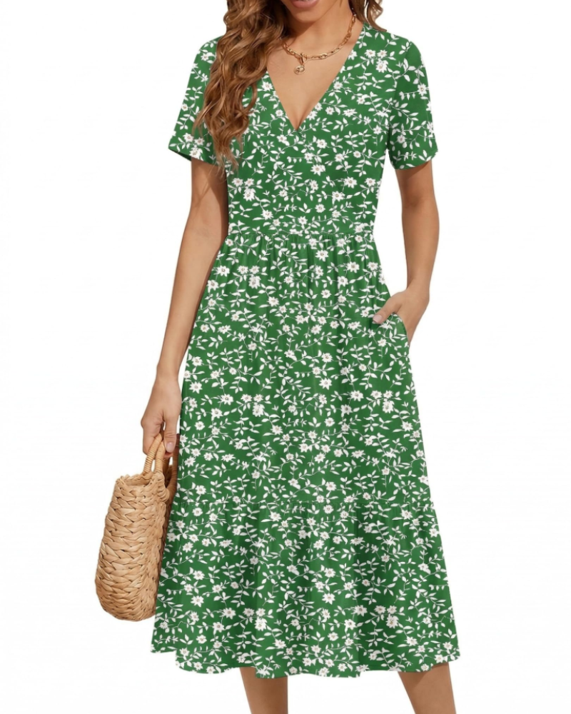 Heather Floral Women’s Midi Dress – V-Neck, High Waist, Short Sleeves, and Pockets
