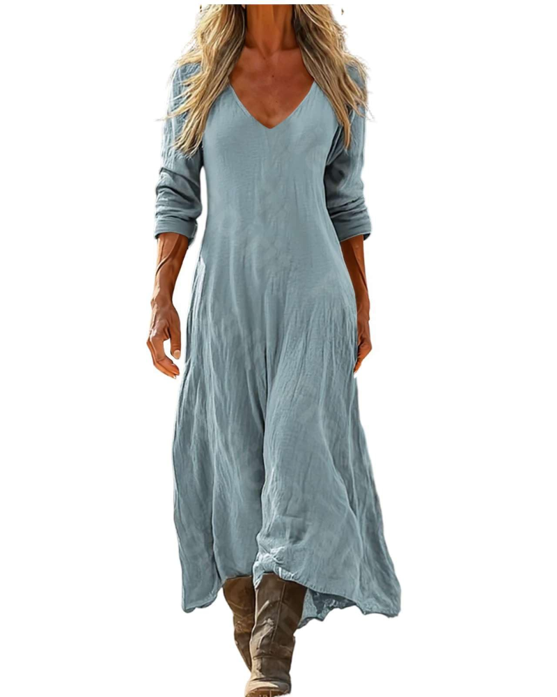 Eleanor Abito maxi damska boho – dekolt w serek, rękawy 3/4 i kieszenie