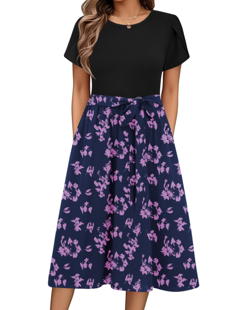 Vestido midi de mujer Maureen Abito con estampado floral – mangas de pétalo, cintura ajustable y bolsillos