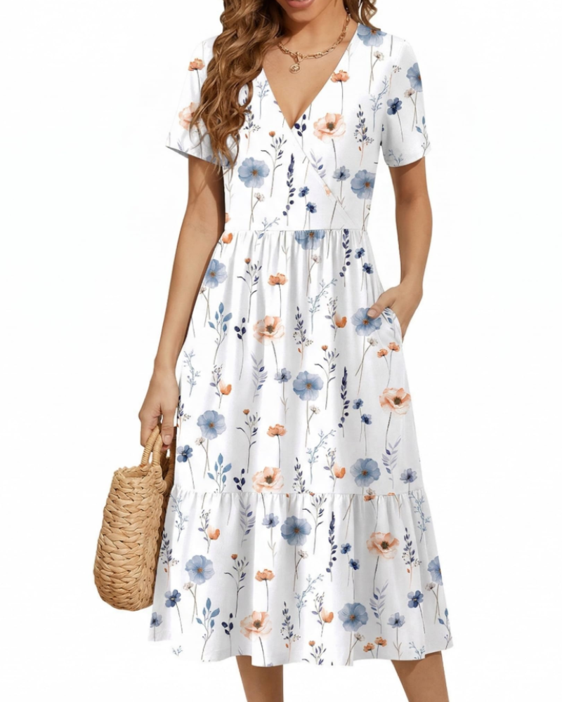 Heather Abito midi da donna floreale – scollo a V, vita alta, maniche corte e tasche