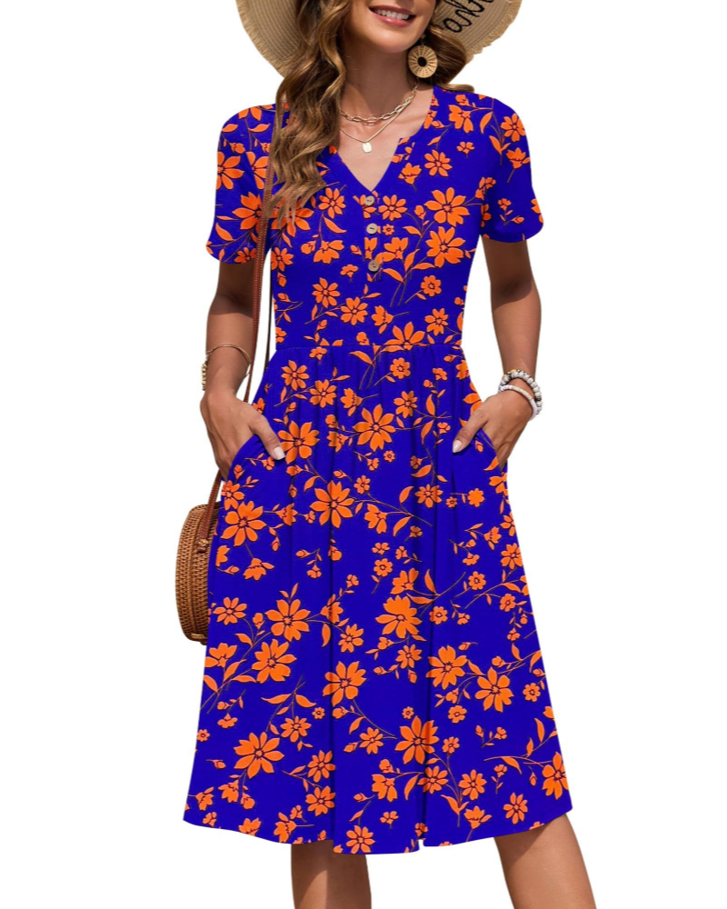 Robe midi Megan Abito Donna – Robe d'été avec décolleté en V, taille empire et poches