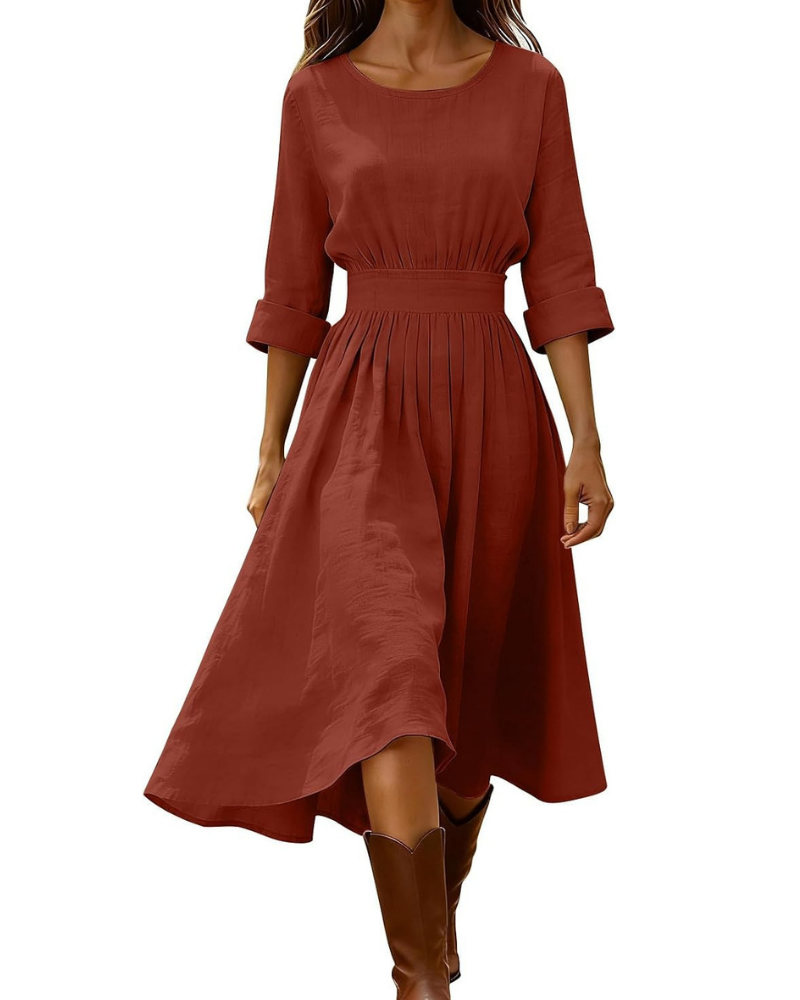 Emily Women's Long Dress – Cotton and Linen, V-Neck, Short Sleeves, and Vintage Buttons