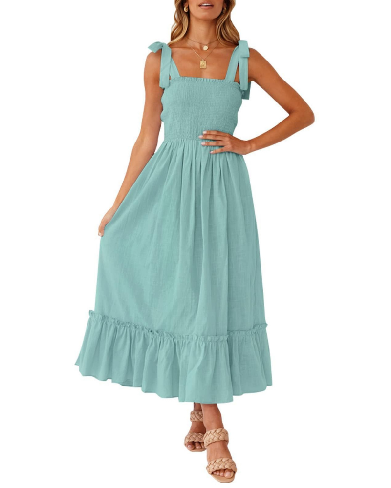Amelia Women's Dress – Boho Floral Dress with Tied Straps, Smocked Bust & Tiered Skirt