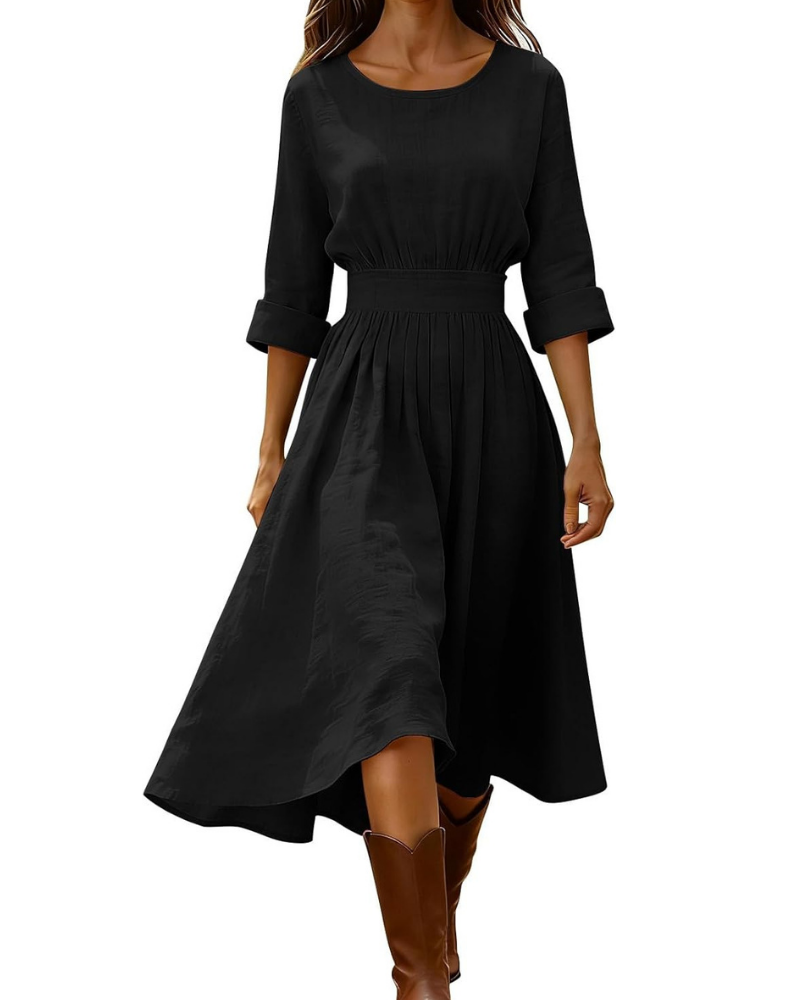 Emily Women's Long Dress – Cotton and Linen, V-Neck, Short Sleeves, and Vintage Buttons