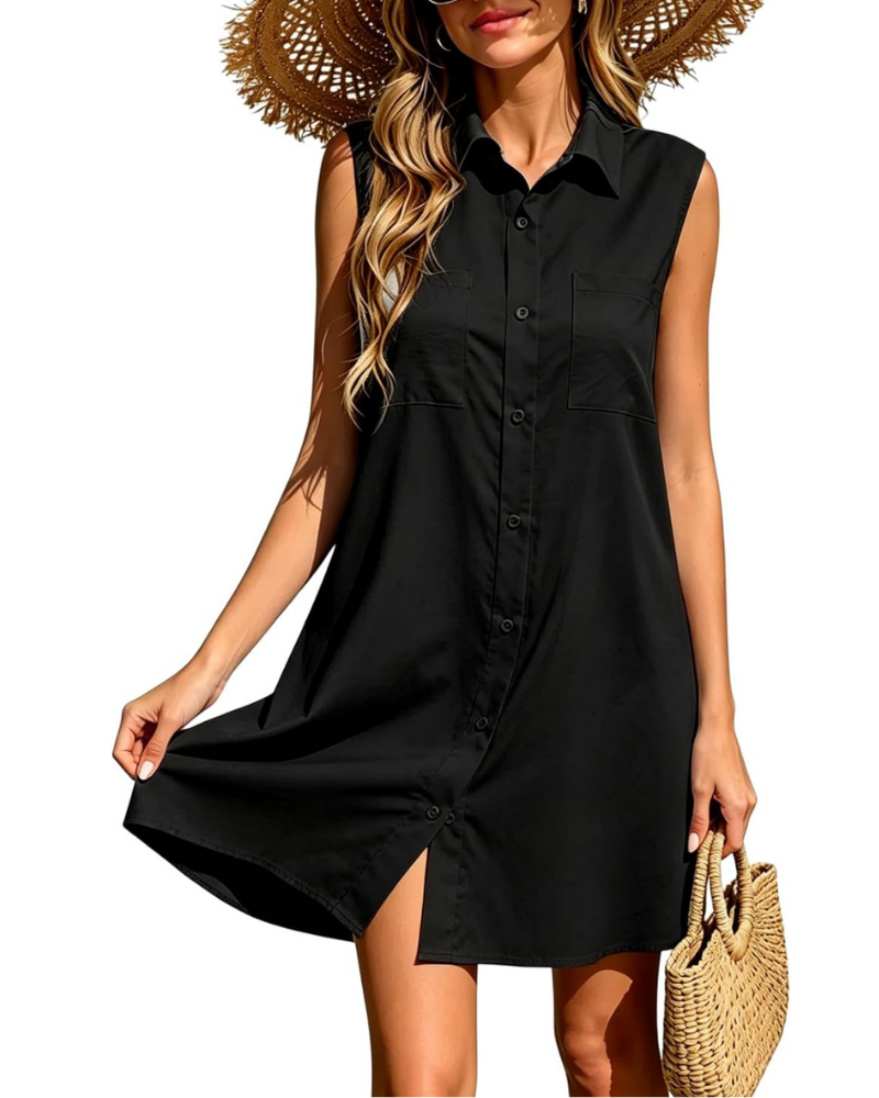 Robe midi pour femme Natalie – col en V, sans manches, boutons sur le devant et couleur unie