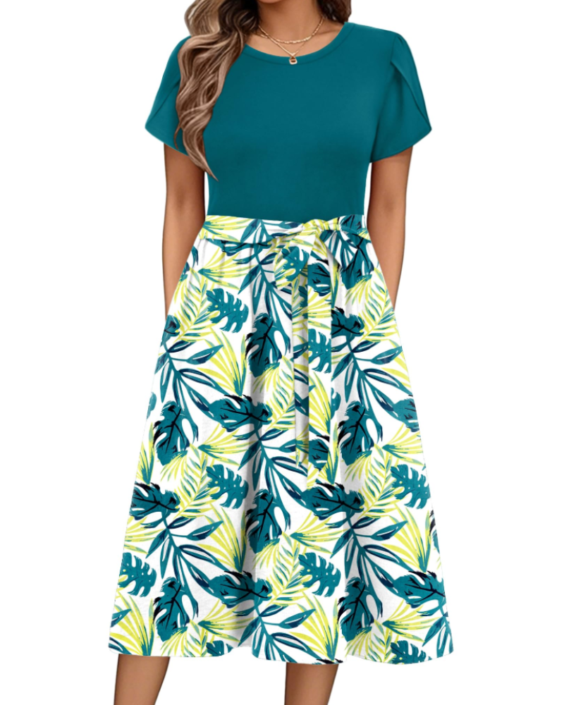 Vestido midi de mujer Maureen Abito con estampado floral – mangas de pétalo, cintura ajustable y bolsillos
