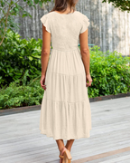 Sienna Women's Dress – Midi A-Line Dress with V-Neck, Flutter Sleeves & Smocked Bust