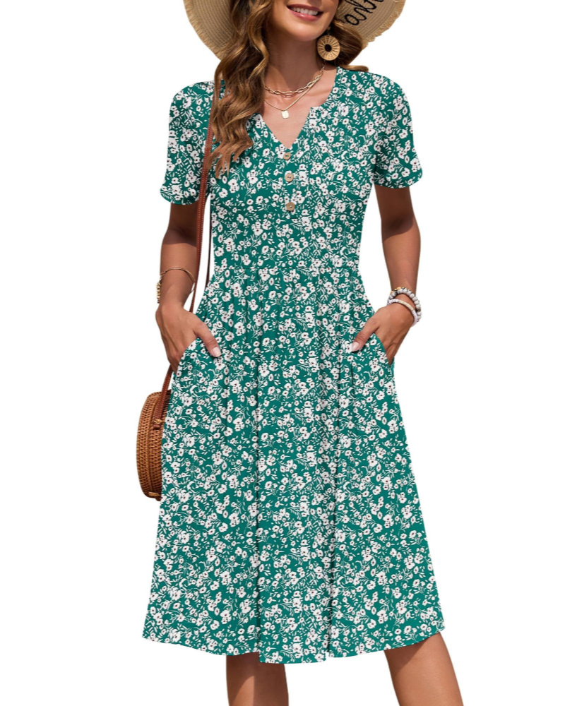 Robe midi Megan Abito Donna – Robe d'été avec décolleté en V, taille empire et poches