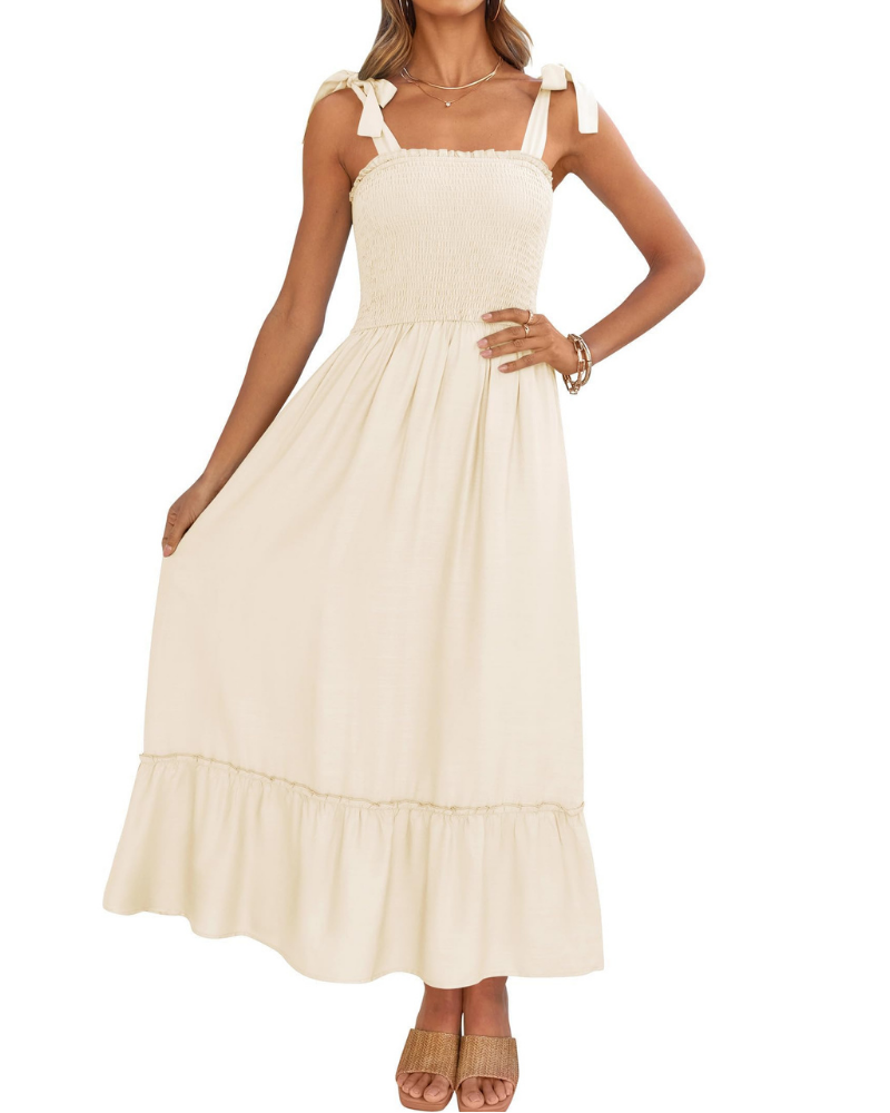 Amelia Women's Dress – Boho Floral Dress with Tied Straps, Smocked Bust & Tiered Skirt