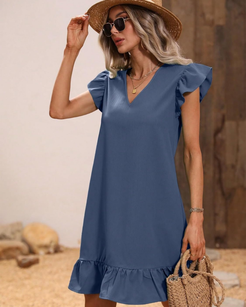 Chloe Women’s Summer Dress – Short Dress with V-Neck, Cap Sleeves, and Ruffled Hem