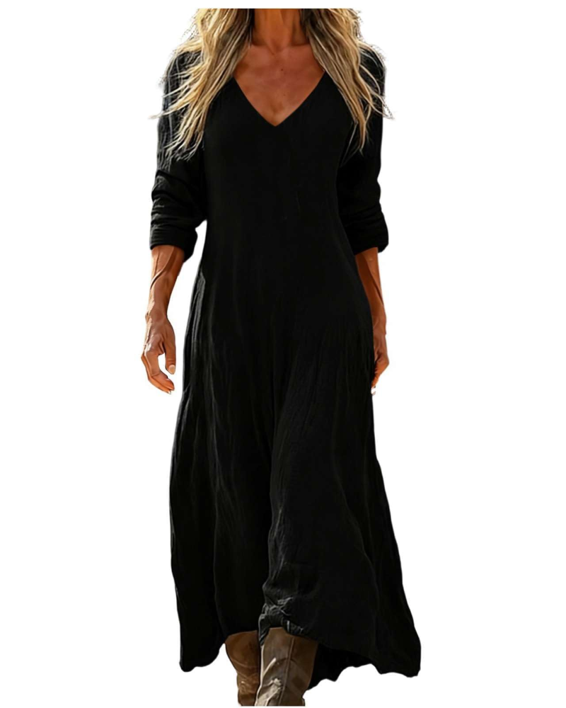 Eleanor Abito maxi damska boho – dekolt w serek, rękawy 3/4 i kieszenie