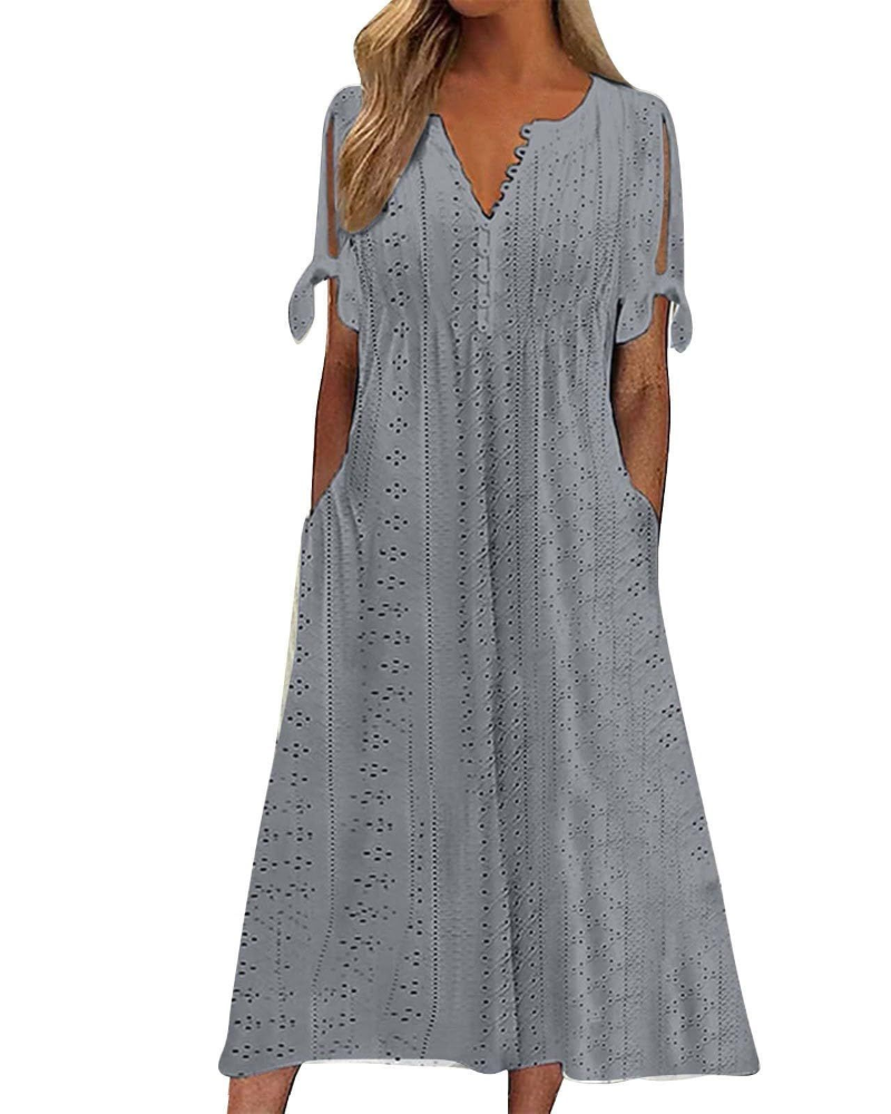 Robe midi Lillian Abito Donna – Robe bohème avec col en V, taille ajustable et poches