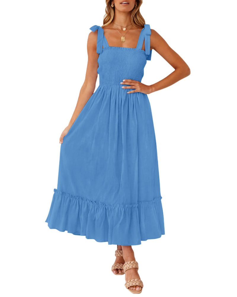 Amelia Women's Dress – Boho Floral Dress with Tied Straps, Smocked Bust & Tiered Skirt