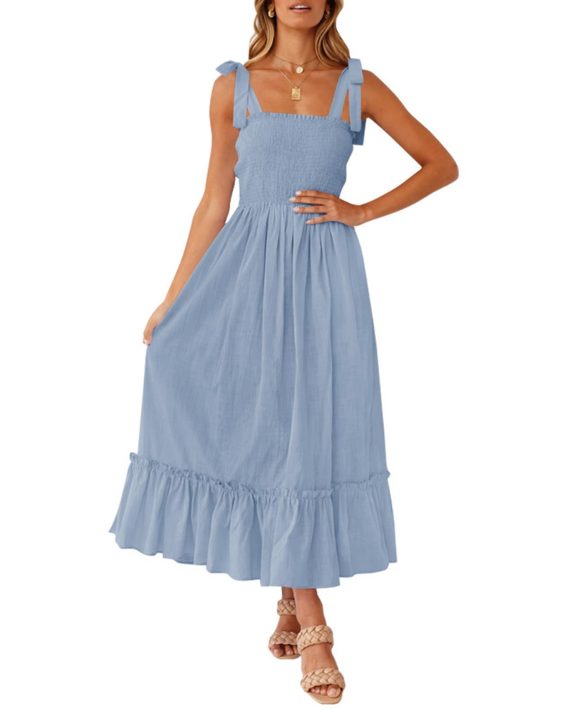 Amelia Women's Dress – Boho Floral Dress with Tied Straps, Smocked Bust & Tiered Skirt