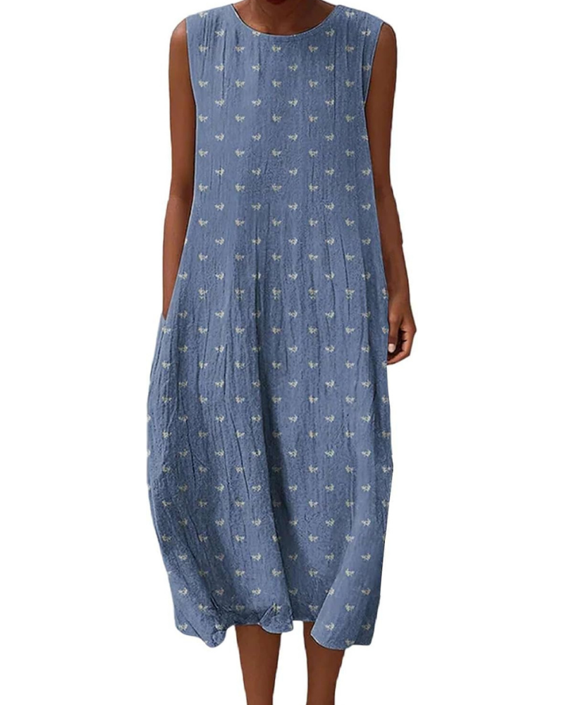 Camille – Robe longue pour femme en lin, imprimé floral, poches et style bohème chic