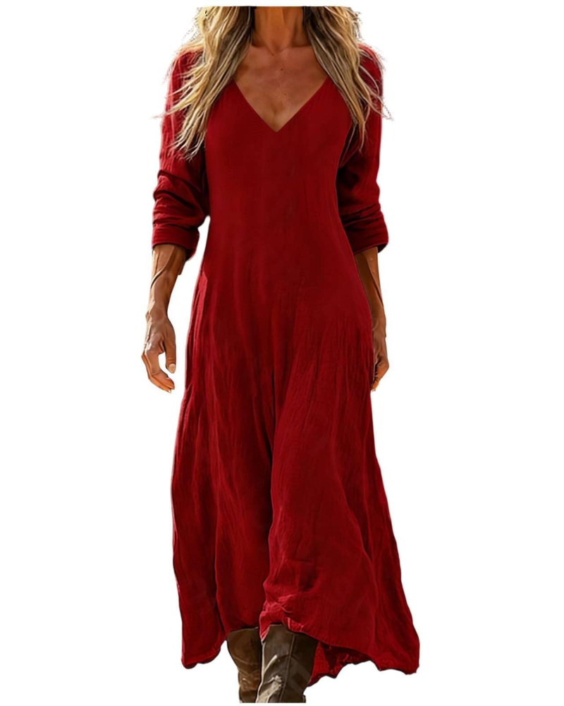 Eleanor Abito maxi damska boho – dekolt w serek, rękawy 3/4 i kieszenie