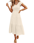Sienna Women's Dress – Midi A-Line Dress with V-Neck, Flutter Sleeves & Smocked Bust