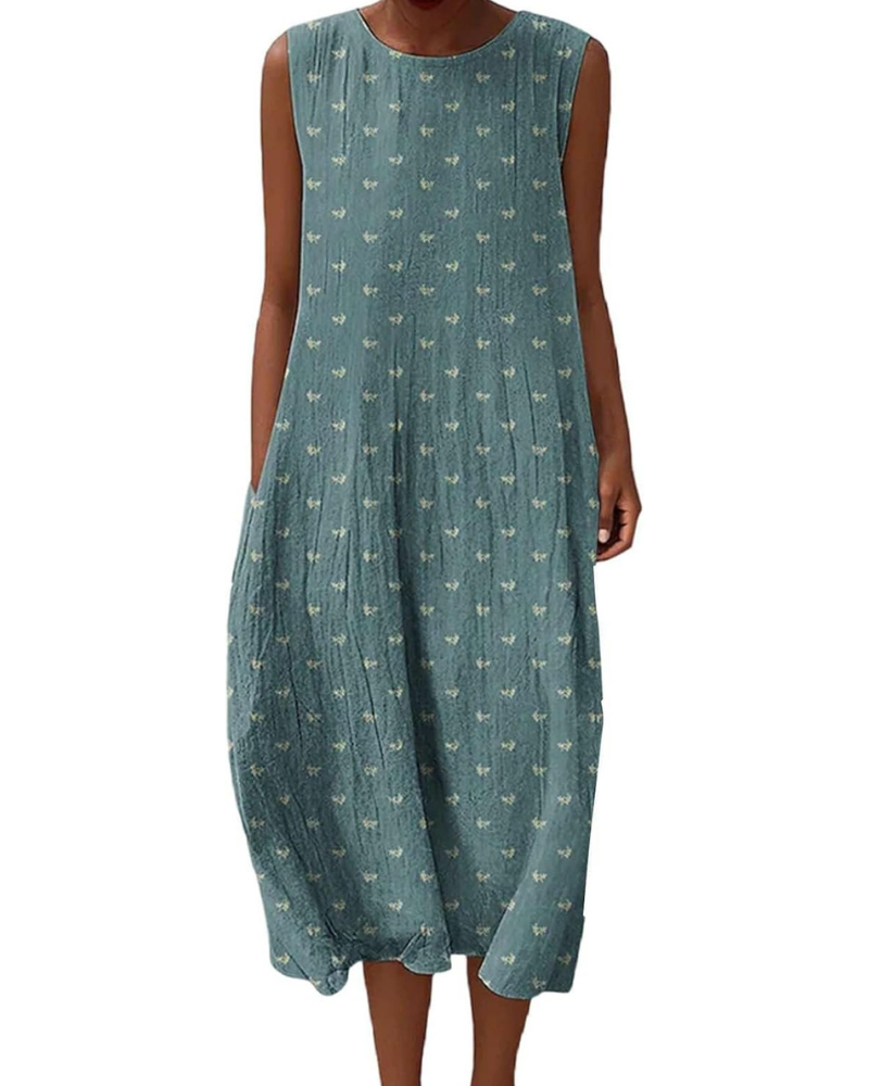 Camille – Robe longue pour femme en lin, imprimé floral, poches et style bohème chic