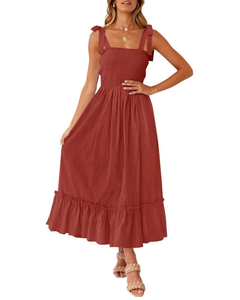 Amelia Women's Dress – Boho Floral Dress with Tied Straps, Smocked Bust & Tiered Skirt