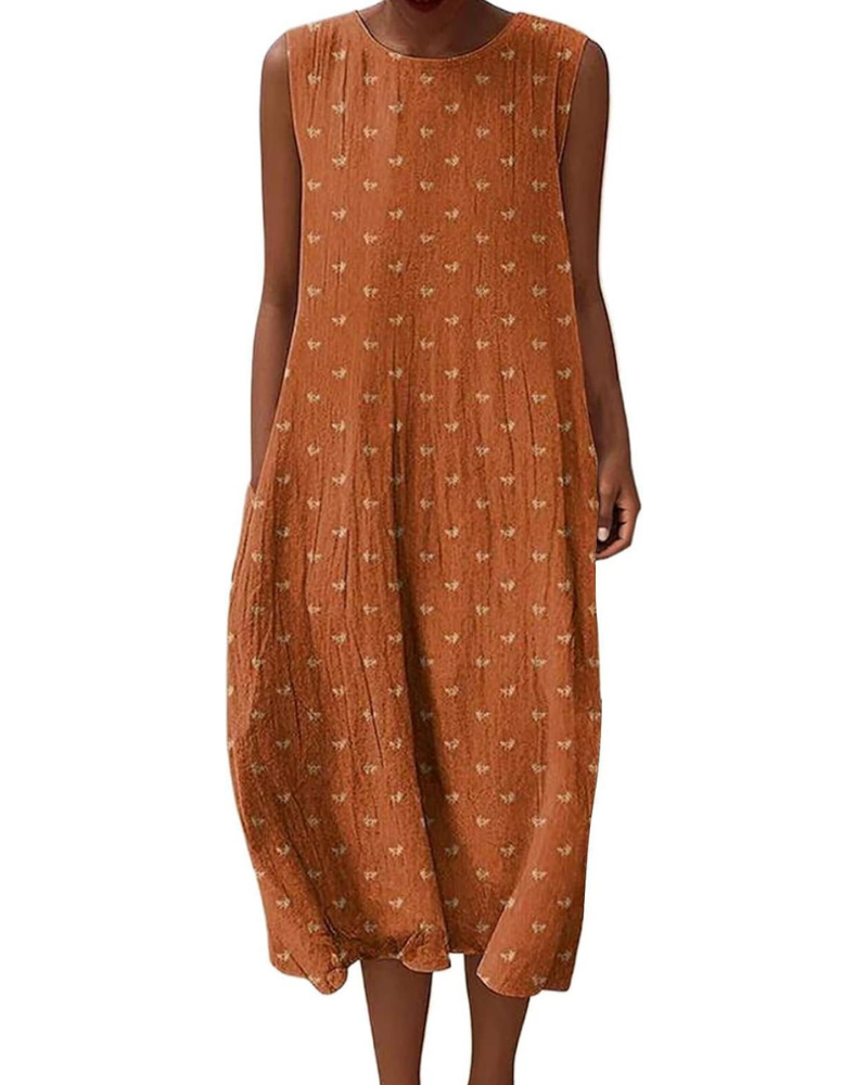 Camille – Robe longue pour femme en lin, imprimé floral, poches et style bohème chic