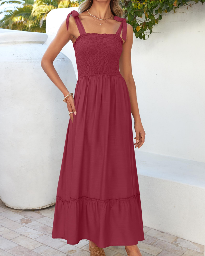 Amelia Women's Dress – Boho Floral Dress with Tied Straps, Smocked Bust & Tiered Skirt