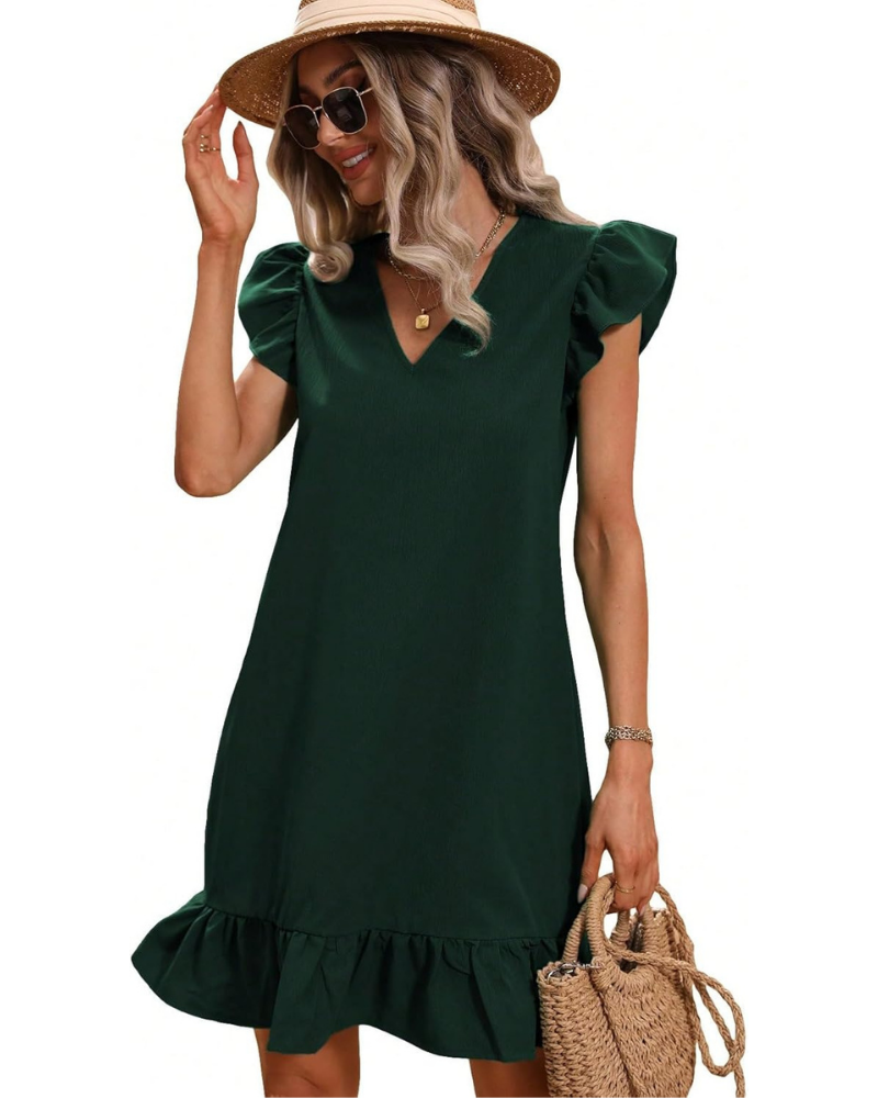 Chloé Robe d’été pour femme – robe courte à col en V, manches à volants et ourlet volanté