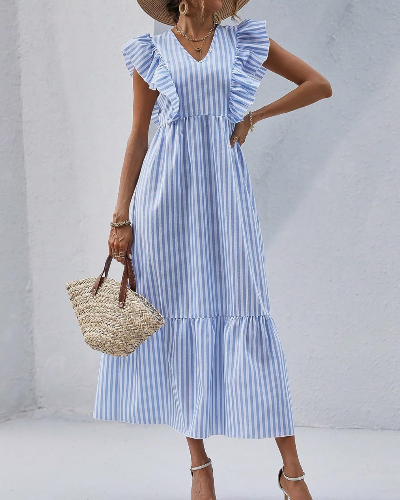 Madeline Women’s Maxi Dress – Blue and White Stripes, Ruffles, V-Neck, and Tiered Skirt
