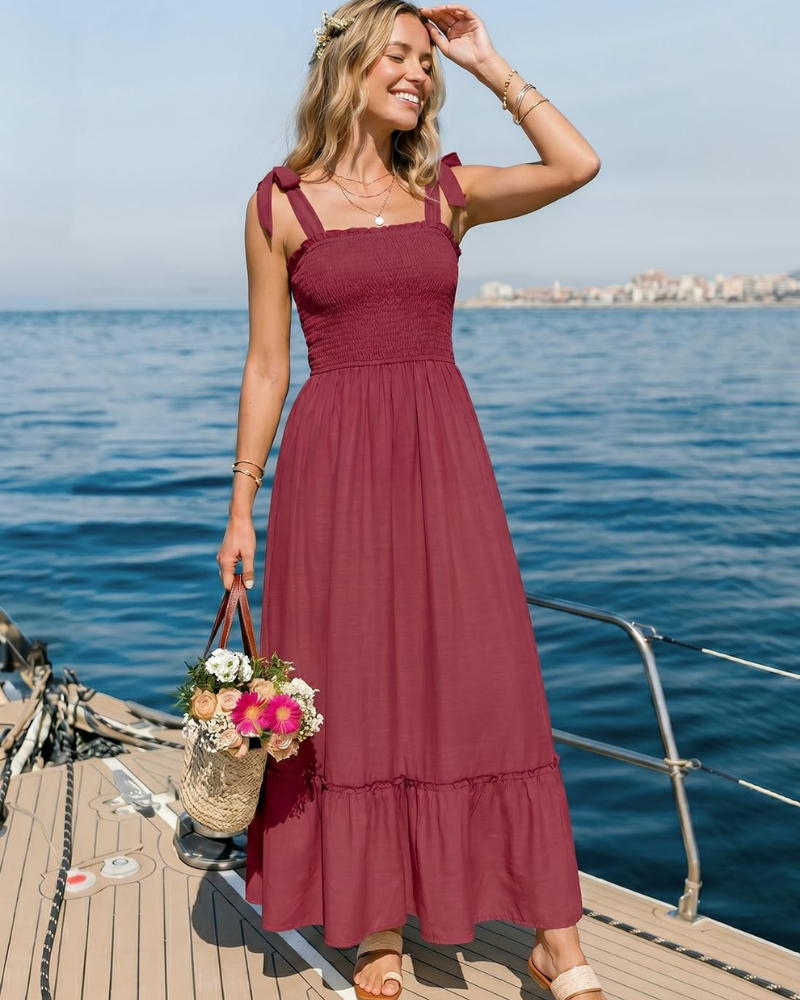 Amelia Women's Dress – Boho Floral Dress with Tied Straps, Smocked Bust & Tiered Skirt