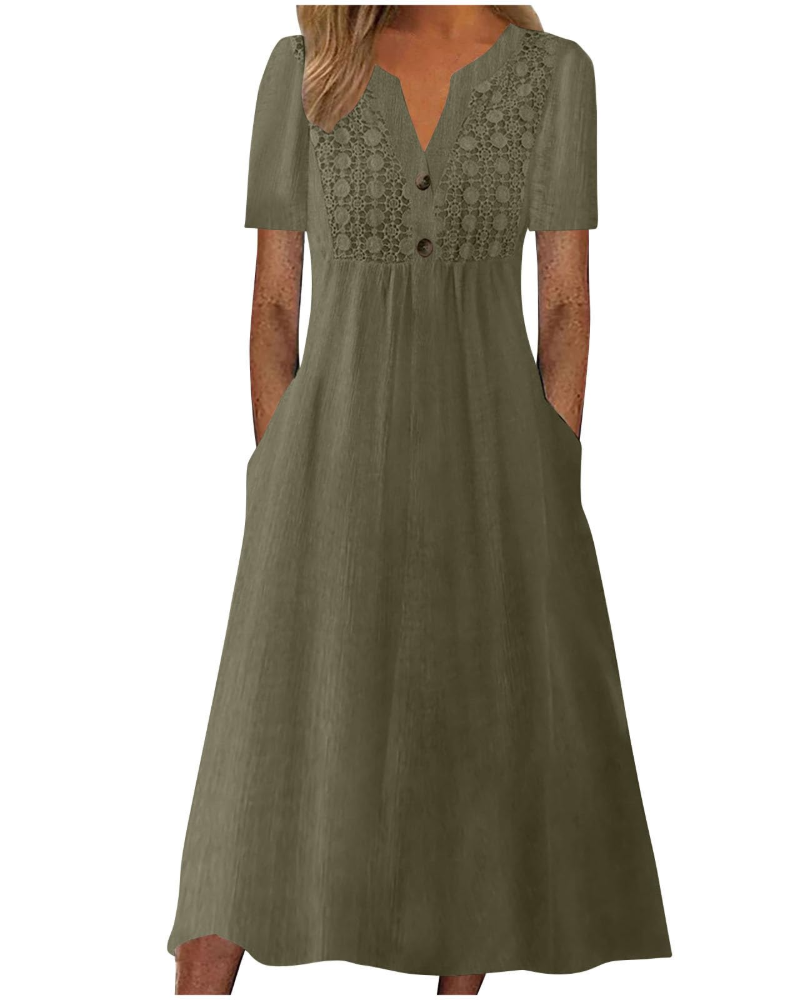 Vestido largo Shelby para mujer de algodón y lino – Escote en V, mangas cortas y corte amplio