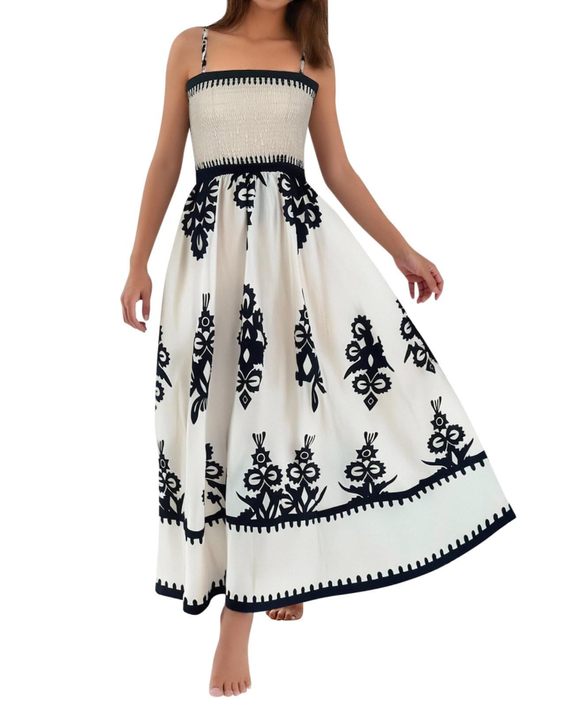 Natalie Vestito Donna Maxi – Dámské boho maxi šaty bez rukávů s potiskem a čtvercovým výstřihem