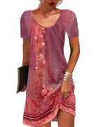 Vestido mini Priscilla para mujer, estilo bohemio – estampado floral, mangas cortas y corte holgado