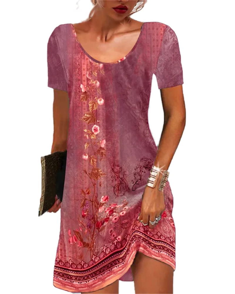 Vestido mini Priscilla para mujer, estilo bohemio – estampado floral, mangas cortas y corte holgado