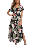 Clara Abito Donna – Vestito Maxi Floreale con Maniche Corte, Spacco & Tasche