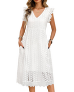 Ottilie Women's Midi Dress in Cotton – V-Neck, Puff Sleeves, and Pockets