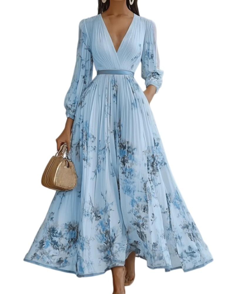 Isabella Vestido Mujer Maxi – Vestido Floral de Chifón con Escote en V y Cintura Alta