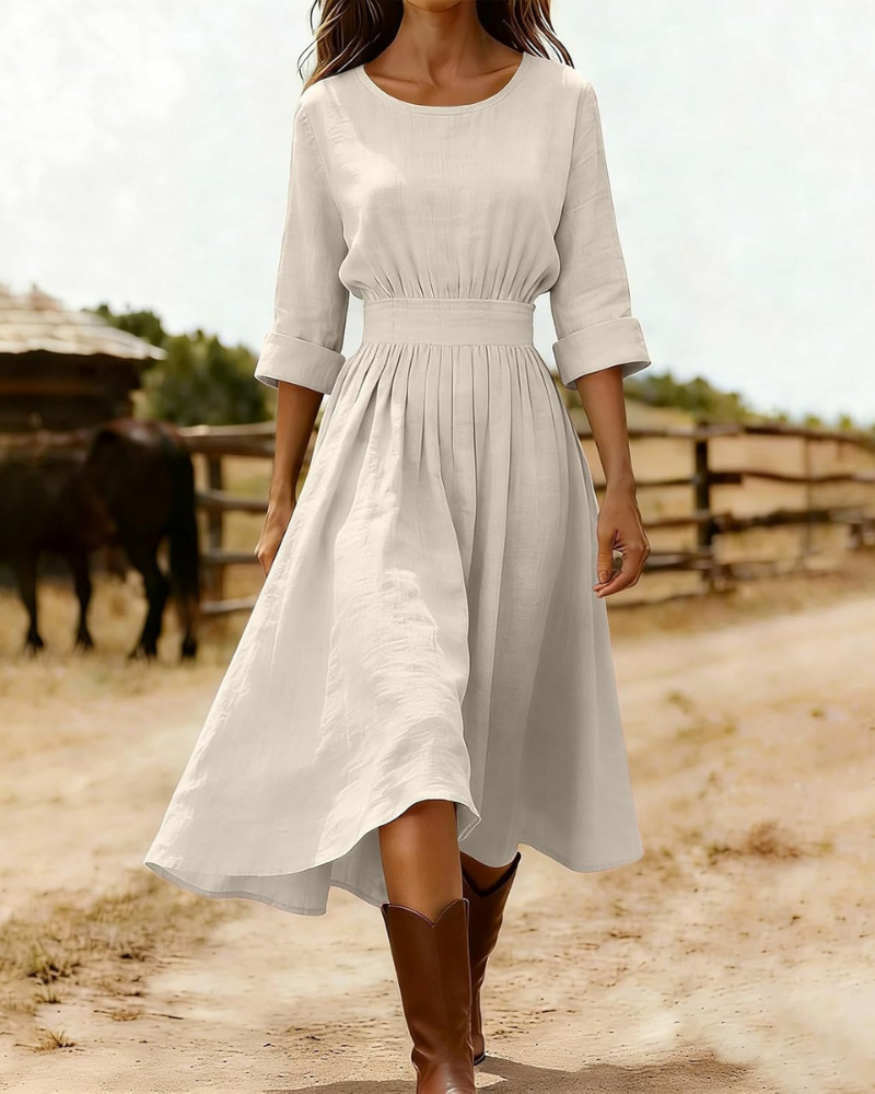 Emily Women's Long Dress – Cotton and Linen, V-Neck, Short Sleeves, and Vintage Buttons