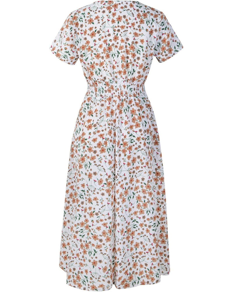 Diana Women's Midi Dress – Floral Chiffon Dress with V-Neck and Short Sleeves