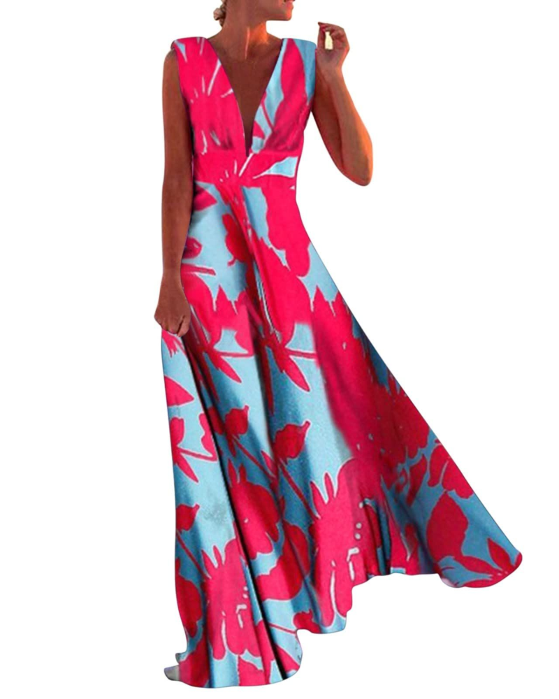 Riley Abito Maxi Woman – Printed Boho Sleeveless Dress with V-Neck and Zip
