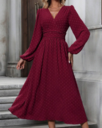 Naomi Abito Midi Woman – Polka Dot Dress with V-Neck, High Waist, and Long Sleeves