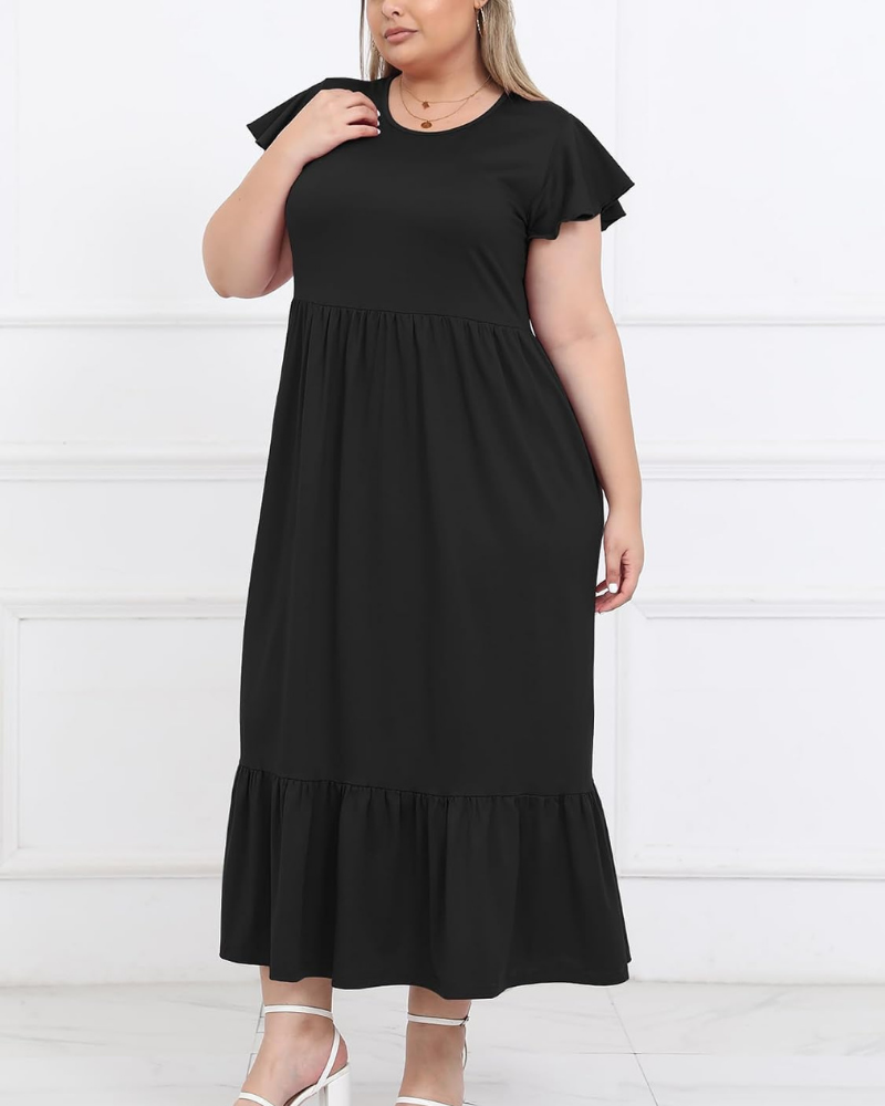 Avery Curvy Women's Maxi Dress – High Waist, Ruffled Sleeves and Side Pockets